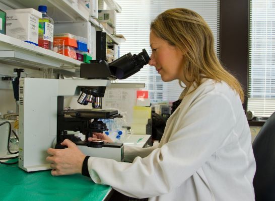 Kvinne ser på prøver i et laboratorium